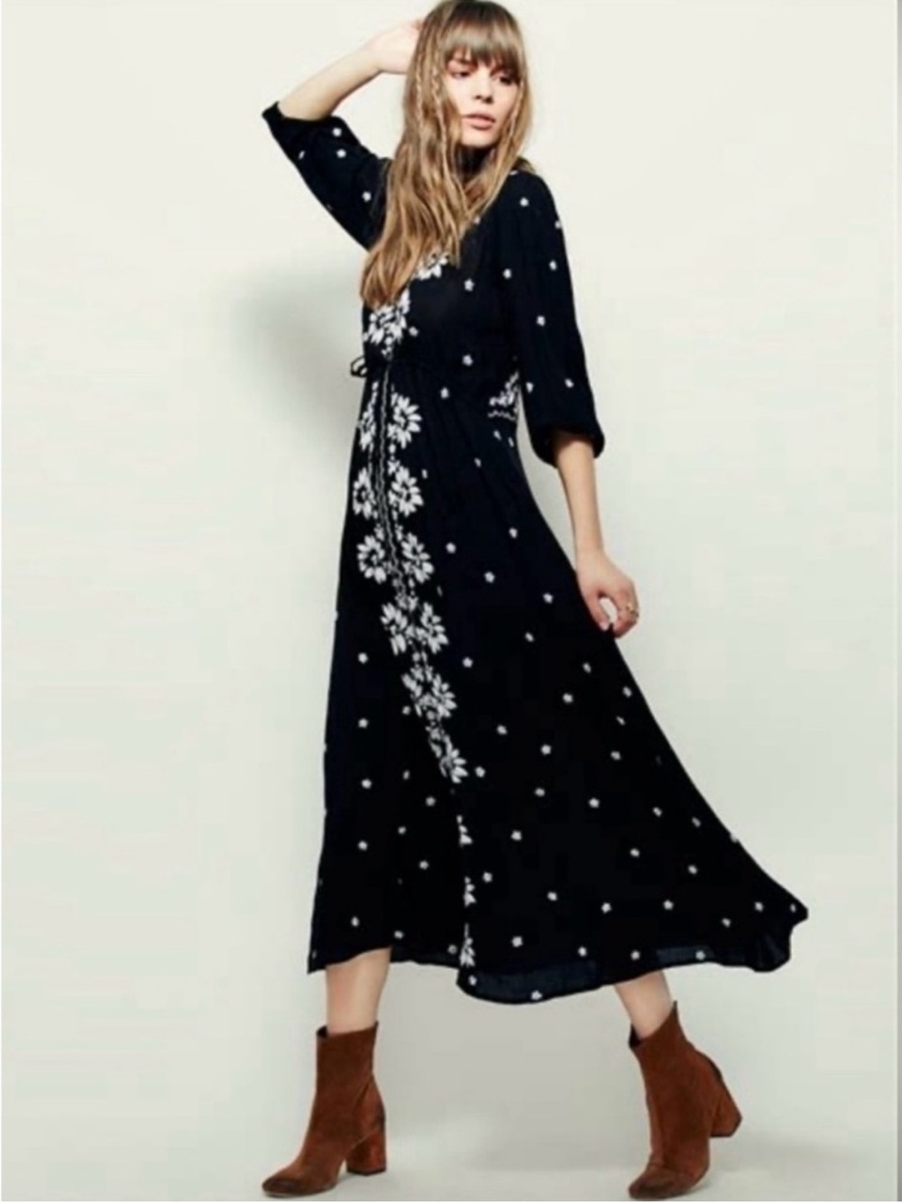 Free People Black White Floral Embroidered Midi Dress Large